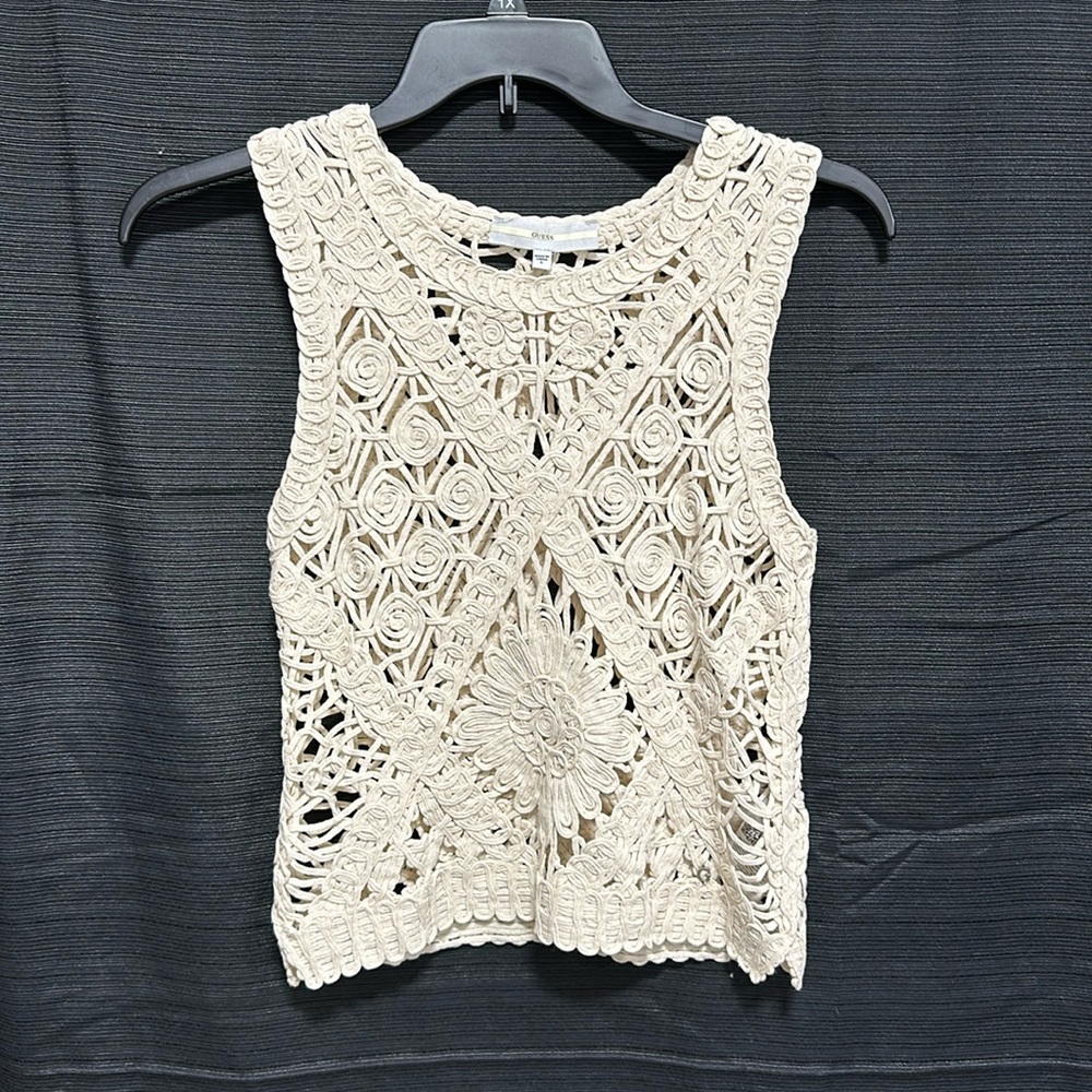 GUESS Women's Emma Sleeveless‎ White Crochet Sweater / Size S / Box 13-15